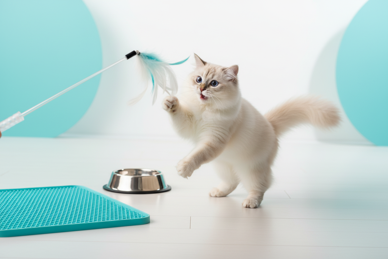 Gatto felice con prodotti CatSolutions