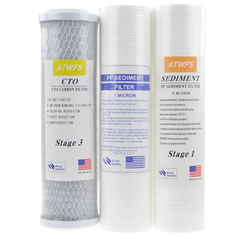ATWFS 10 KIT FILTRI A CARTUCCIA "Universal PP Sediment / 5 Micron / 1 Micron PP Cotton + CTO filtro a carbone + T33 sistema di osmosi inversa UF trattamento delle acque