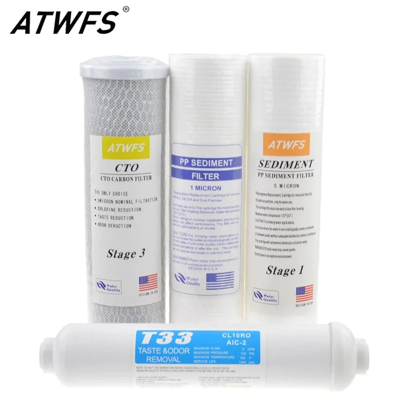 ATWFS 10 KIT FILTRI A CARTUCCIA "Universal PP Sediment / 5 Micron / 1 Micron PP Cotton + CTO filtro a carbone + T33 sistema di osmosi inversa UF trattamento delle acque